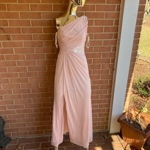 Light pink David’s bridal lace cut out one shoulder formal dress